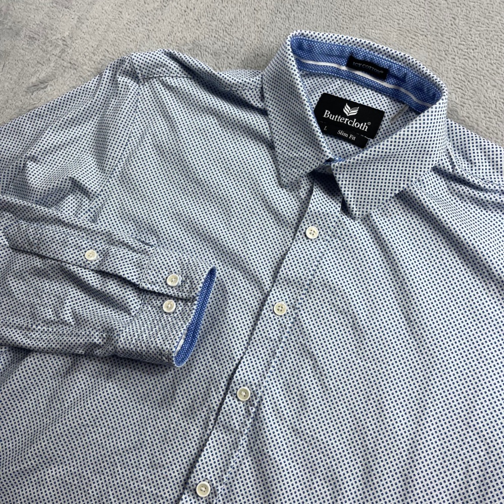 Buttercloth Icy Cotton Mens Slim Fit Long Sleeve Button Down Shirt Blue White L